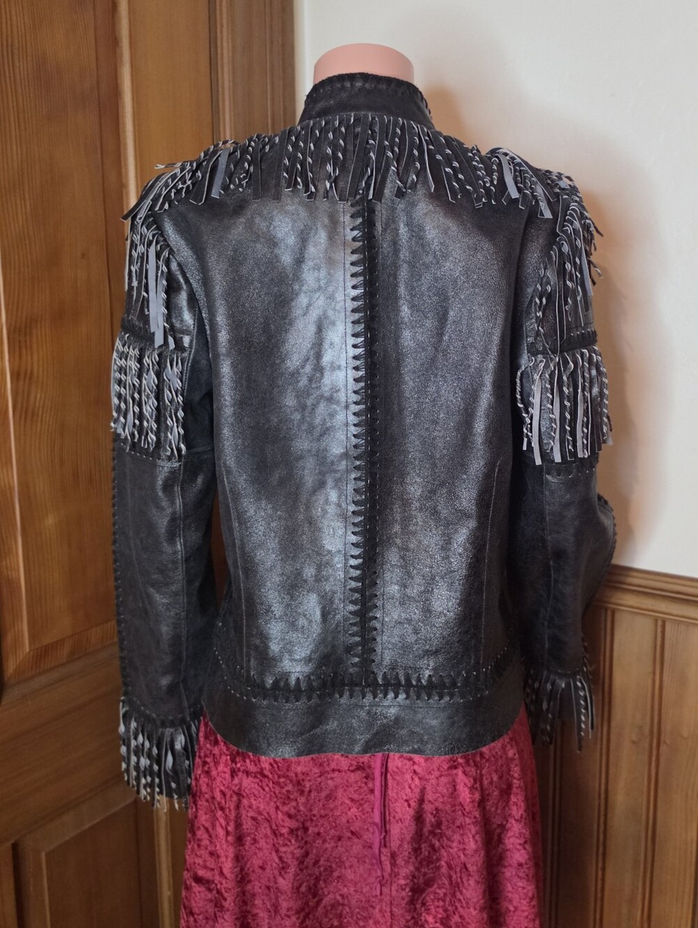 NWOT Vntg Double D Ranch Paint Your Wagon Black Leather Fringe Whipstitch Jacket - Picture 6 of 12